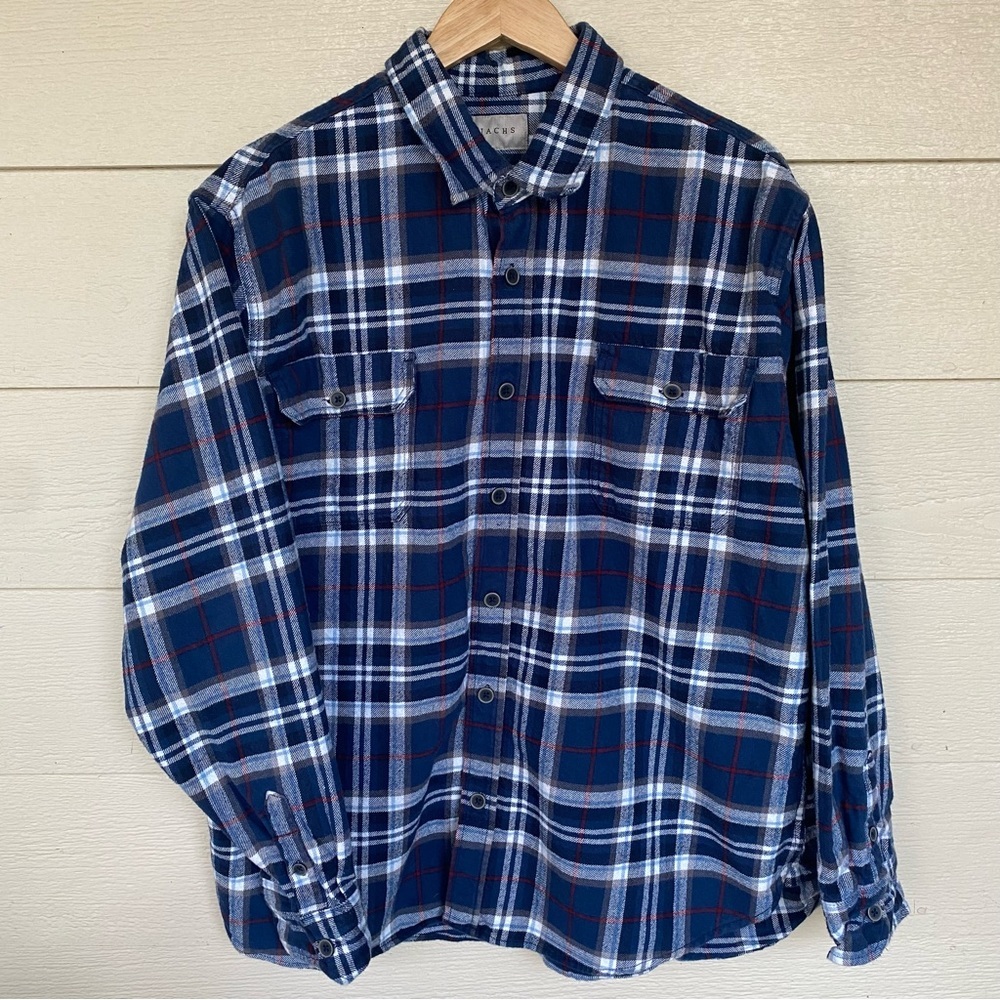 Jachs Mens 2XL Blue‎ Plaid Flannel Shirt 100% Cotton Button Down Mid Weight